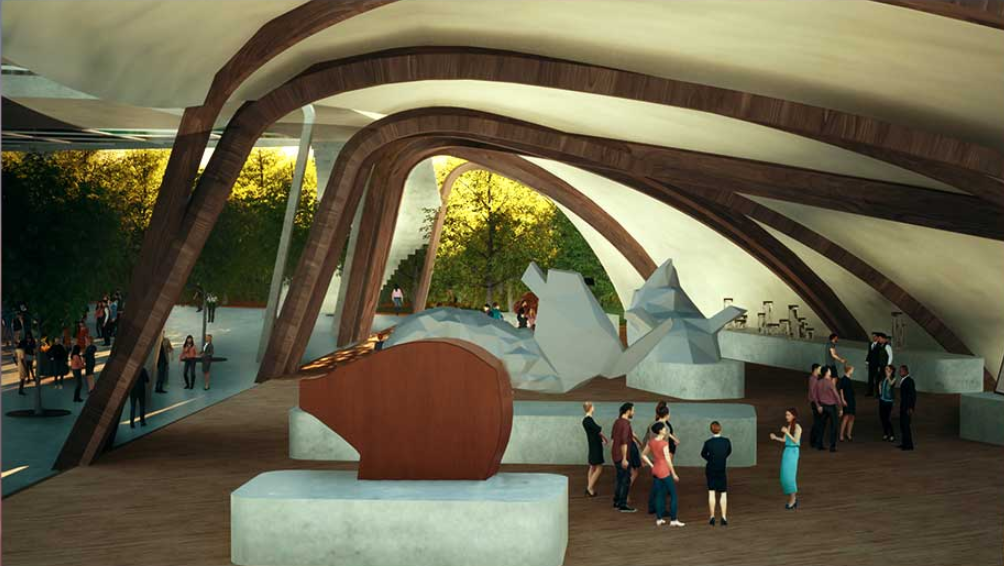 Interior space with intersecting laminated timber ribs above sculptural white seating and gathered visitors