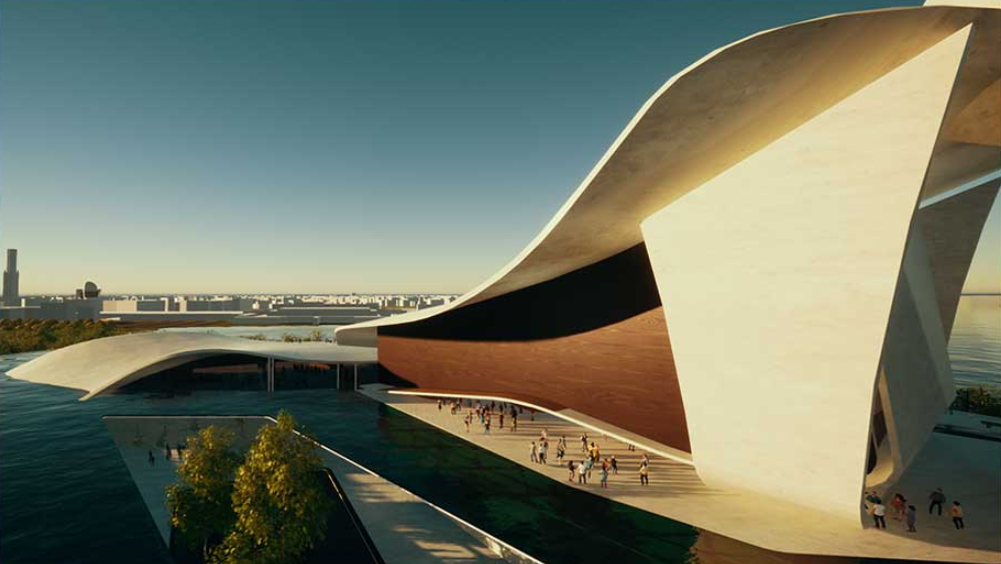 Aerial view of the folded white and timber shell roof cantilevering over a waterfront plaza
