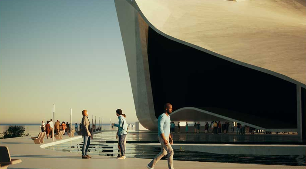 Sweeping concrete overhang framing the waterfront promenade as pedestrians walk across the plaza at dusk