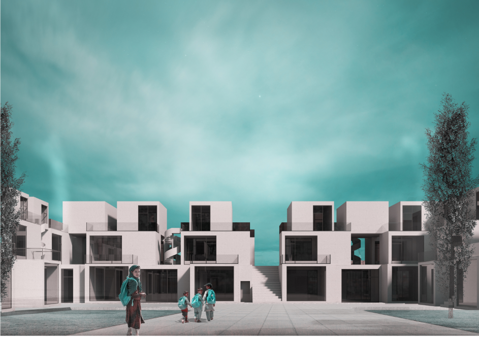 Central courtyard view framed by stepped modular residences.