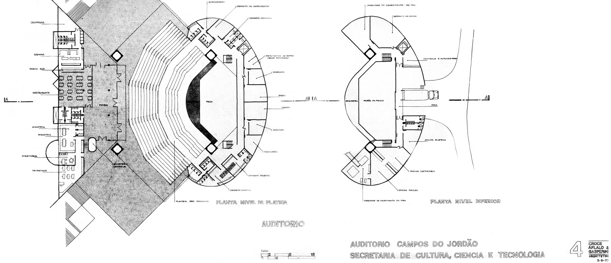 Floor plan drawing showing the curved auditorium seating bowl and adjacent support spaces