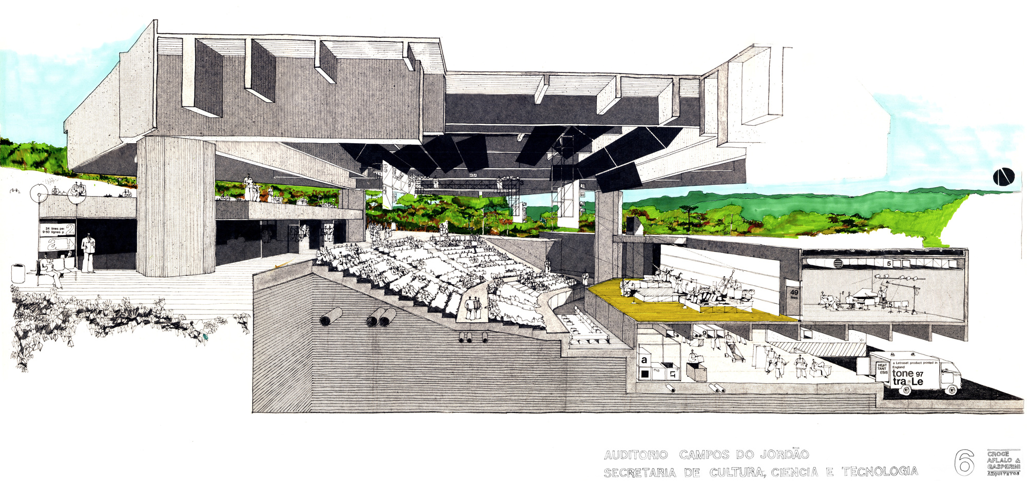 Sectional perspective drawing showing a multi-level building with terraced seating and surrounding landscape