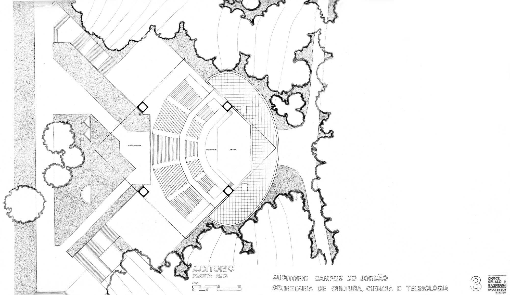 Floor plan drawing showing an auditorium with curved seating rows and adjacent circulation spaces