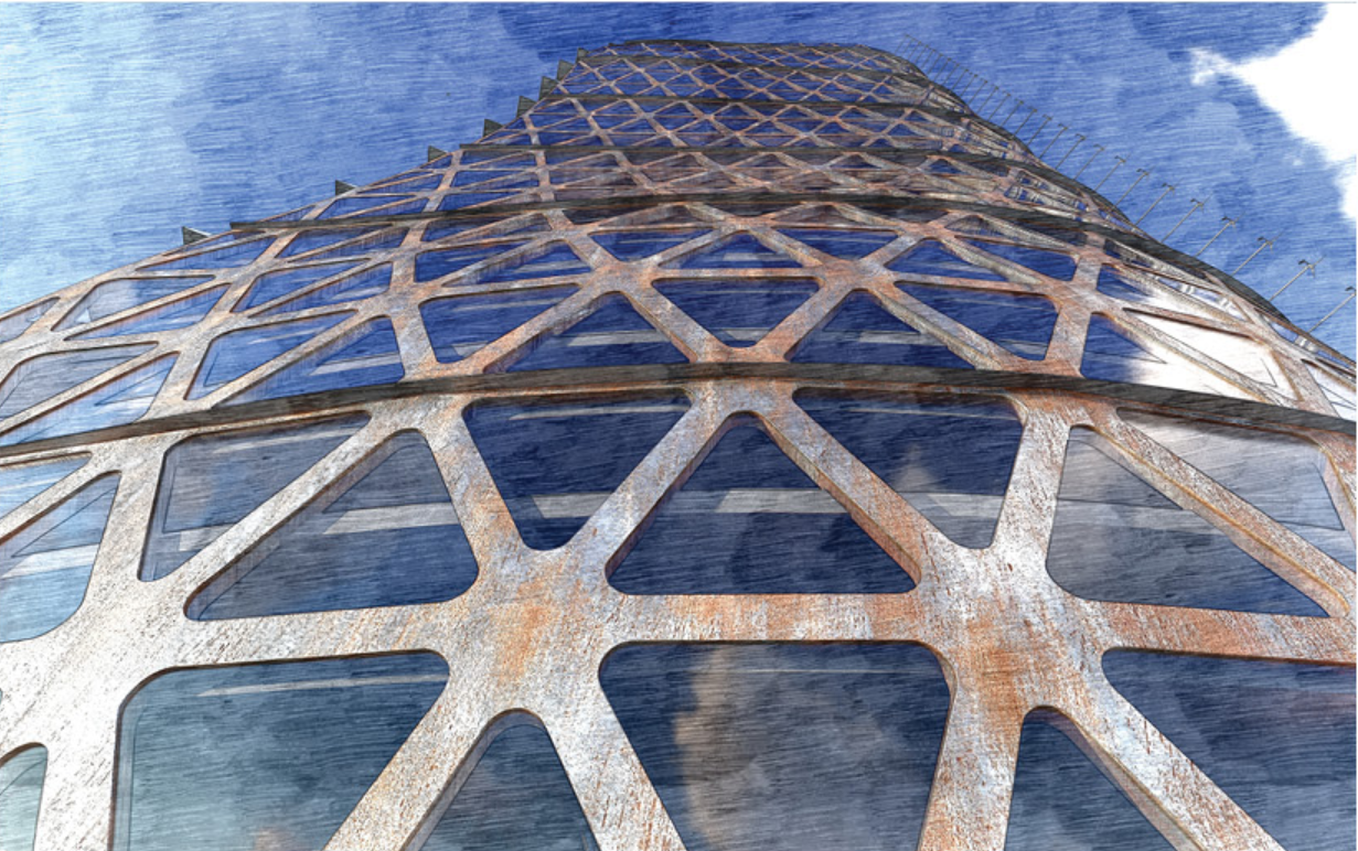 Close-up view of the triangular exoskeleton framing the tower’s glass and energy-responsive facade.