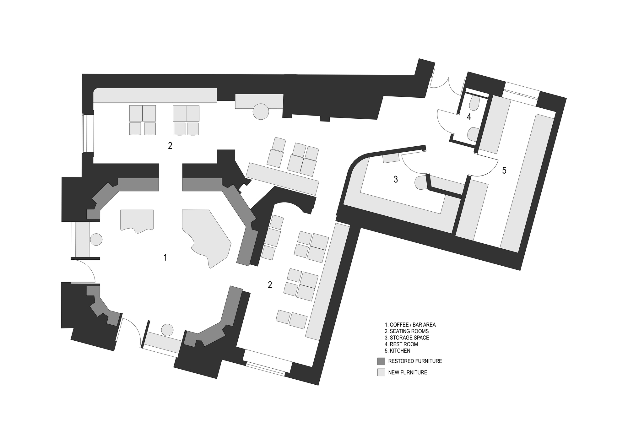Floor plan drawing showing coffee bar, seating rooms, kitchen, and bathroom with restored and new furniture zones
