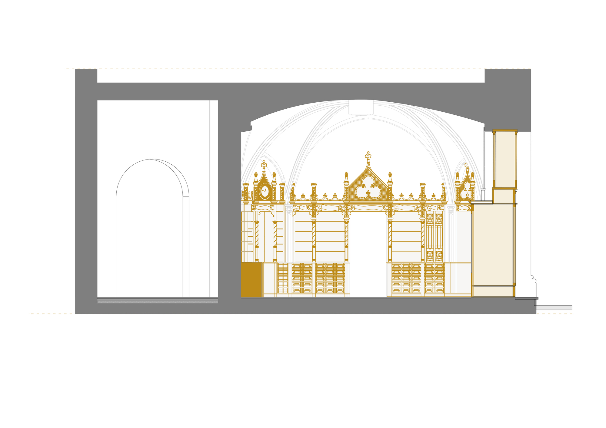 Section drawing highlighting an ornate arched screen with gold detailing beneath a vaulted ceiling