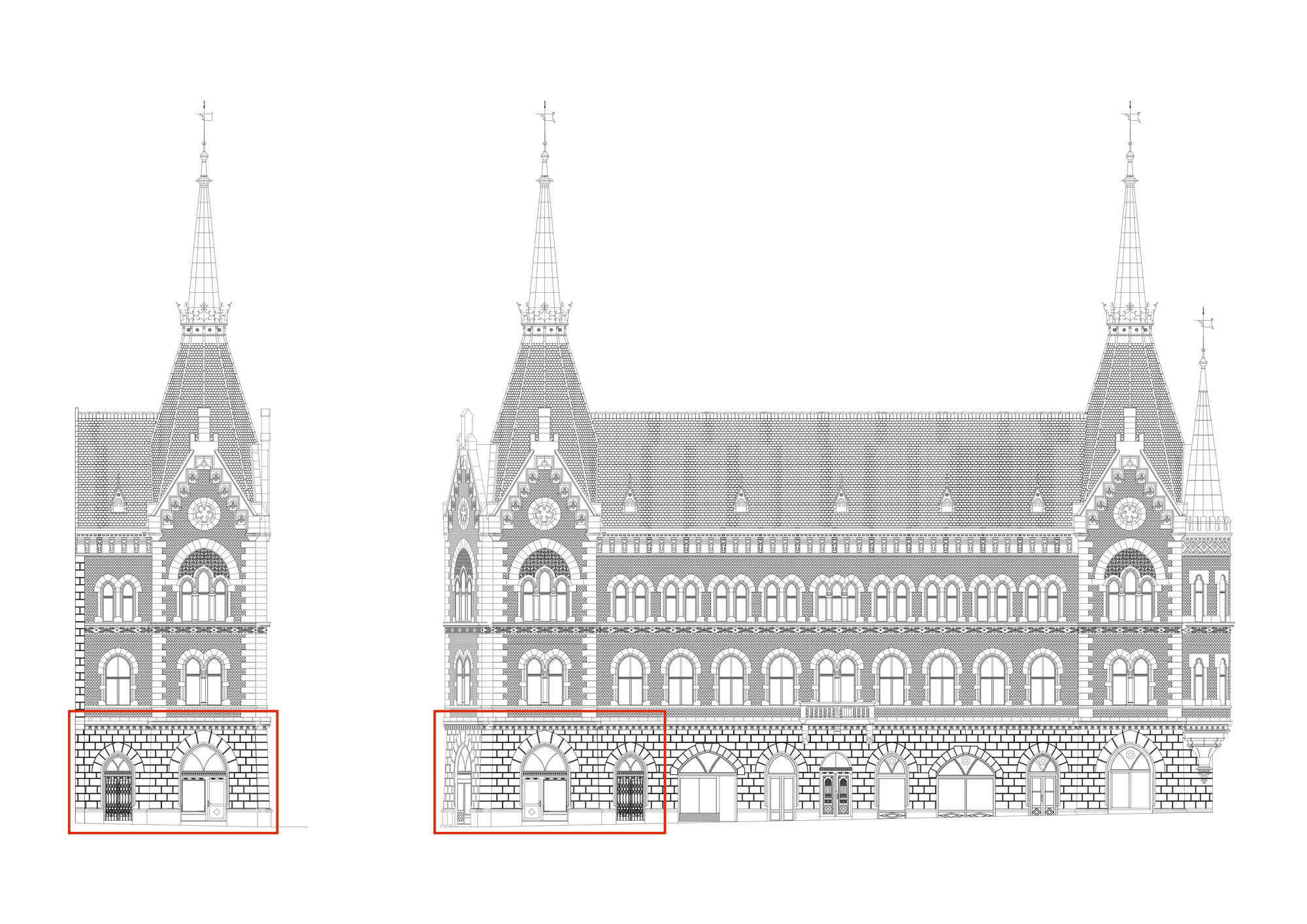 Elevation drawing of a facade with twin towers, arched windows, and detailed ground floor bays highlighted
