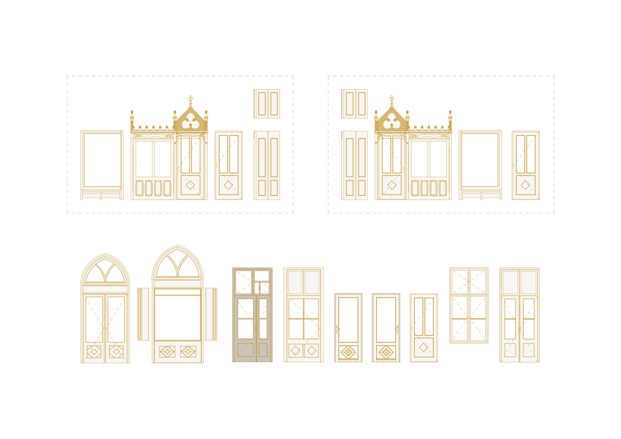 Elevation drawings showing decorative door and window types with arched and geometric panel configurations