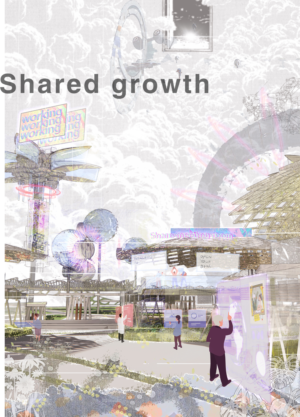 Shared Growth imagines a futuristic biophilic workspace where digital interaction, community life, and nature merge within one landscape.