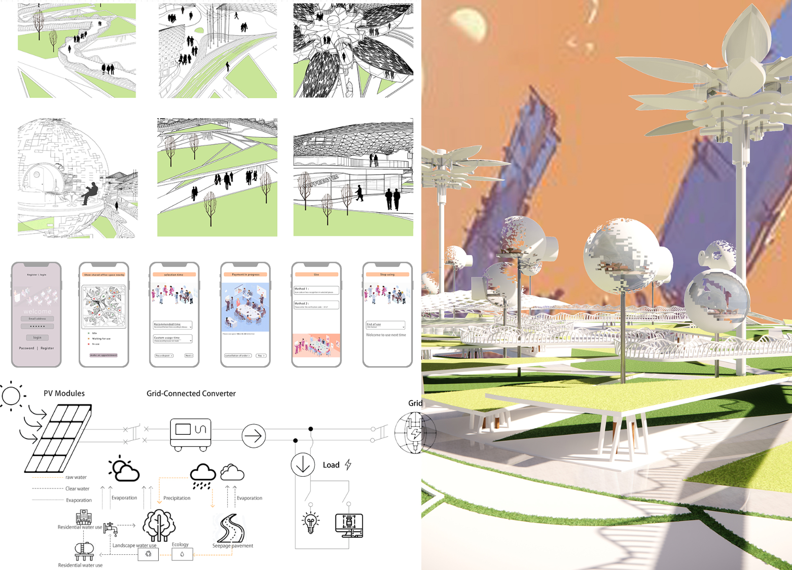 Shared Growth combines flexible workspaces, digital booking systems, renewable energy, water management, and nature-inspired architecture.