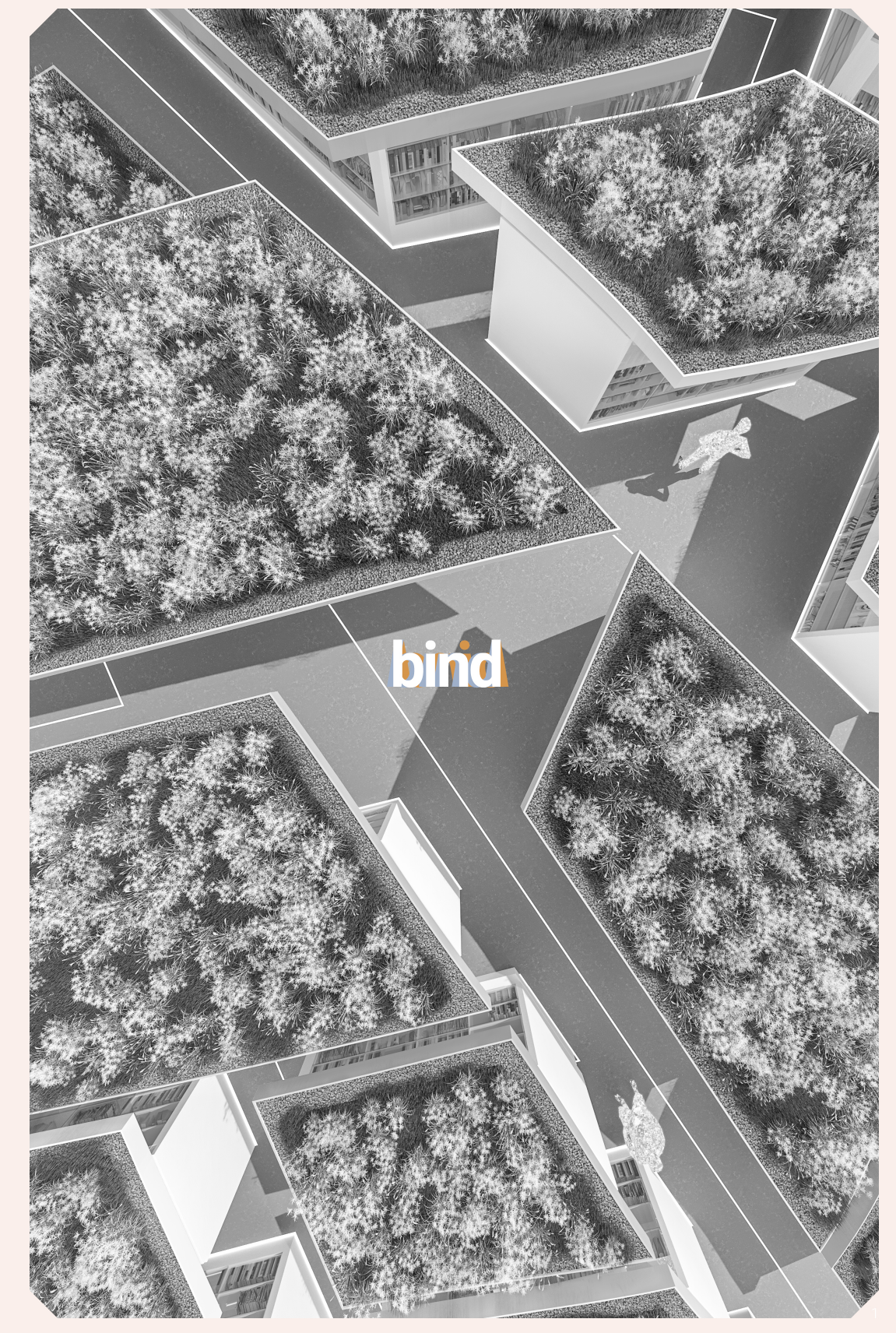 Aerial view of BIND’s fragmented library volumes and planted roofs woven into the site.