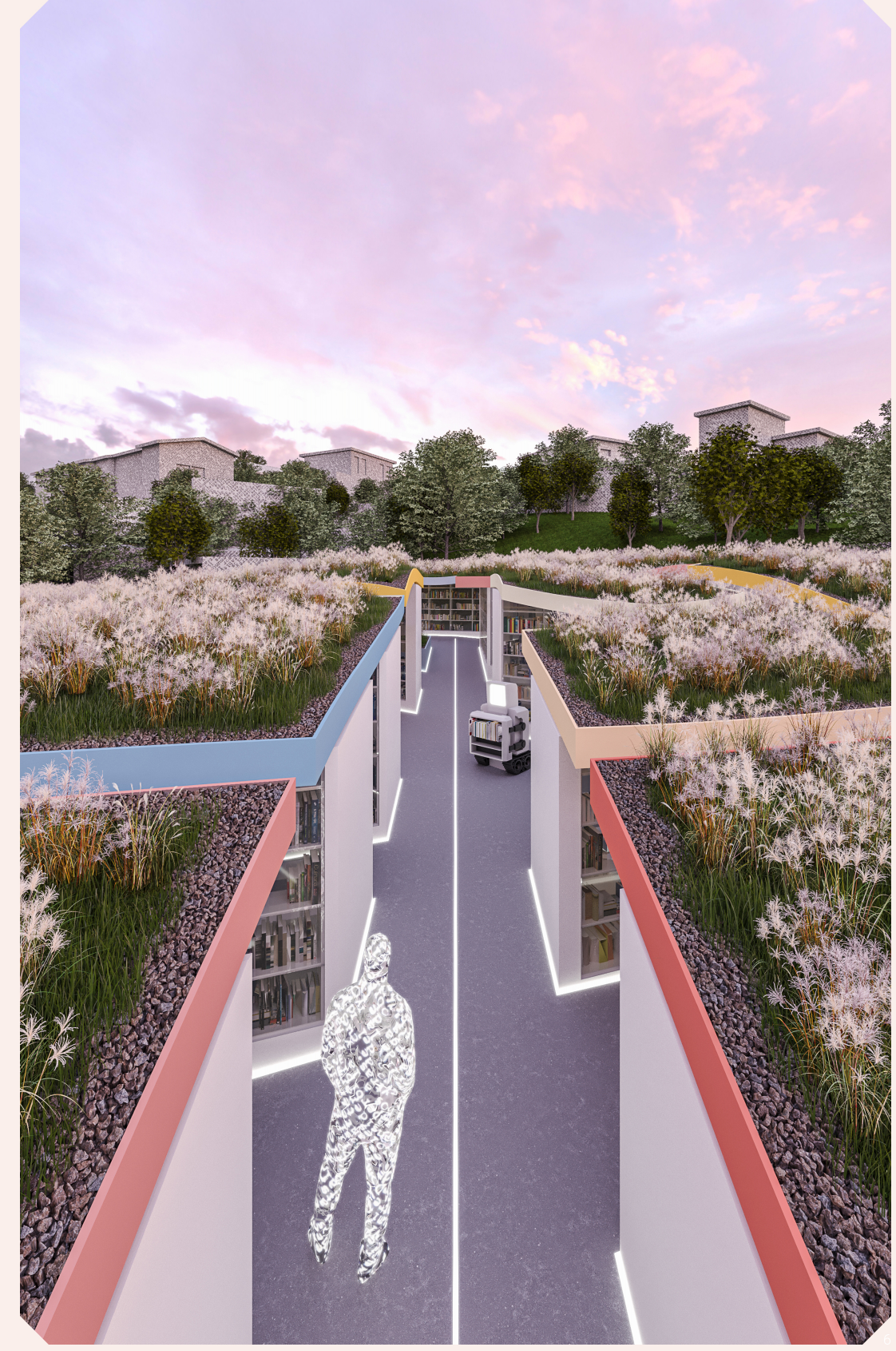 A sunken library corridor framed by illuminated bookshelves and evolving vegetated roofs.