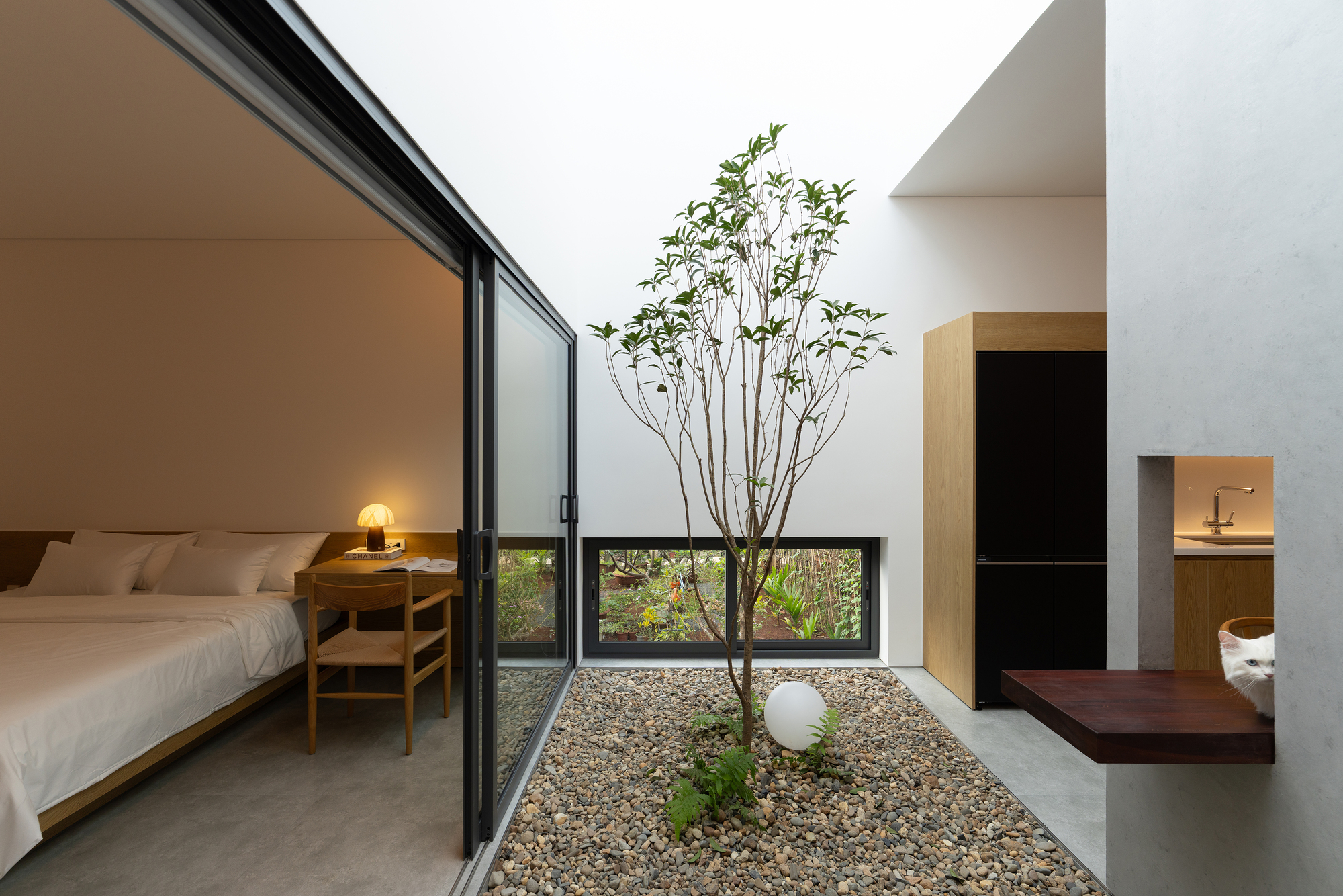 Interior courtyard with gravel bed and tree viewed from bedroom with glazed sliding doors