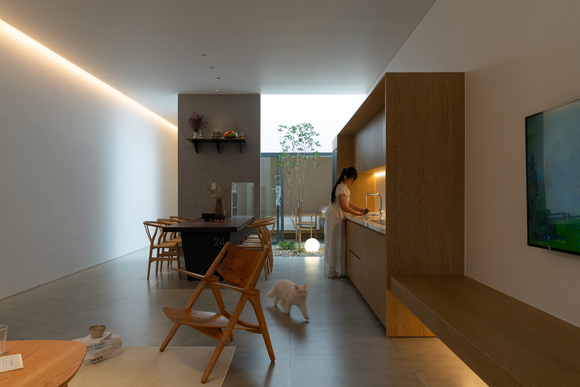 Open plan living space with timber kitchen and person working under cove lighting at dusk