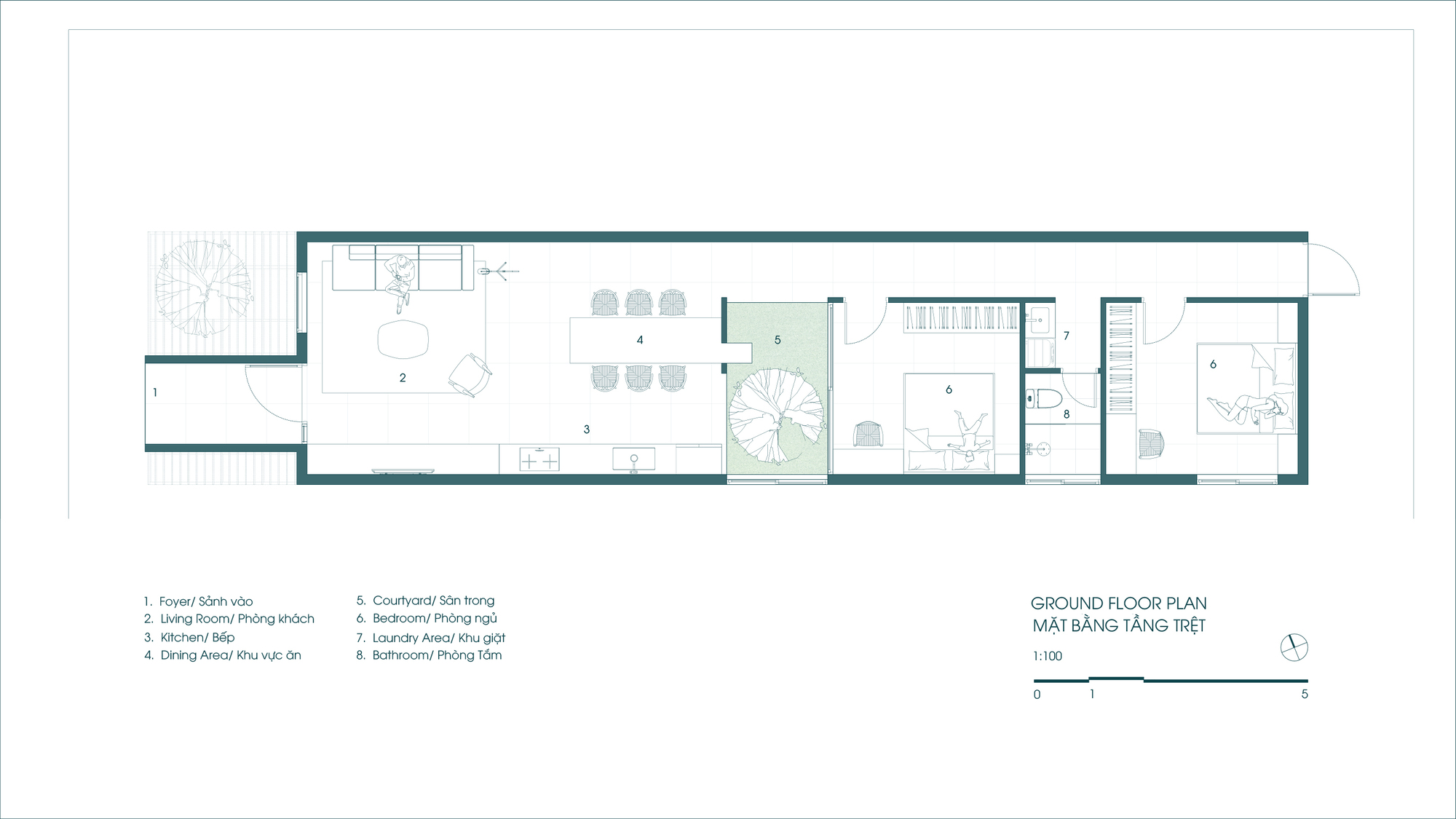 Ground floor plan showing a narrow linear layout with spiral stair and courtyard