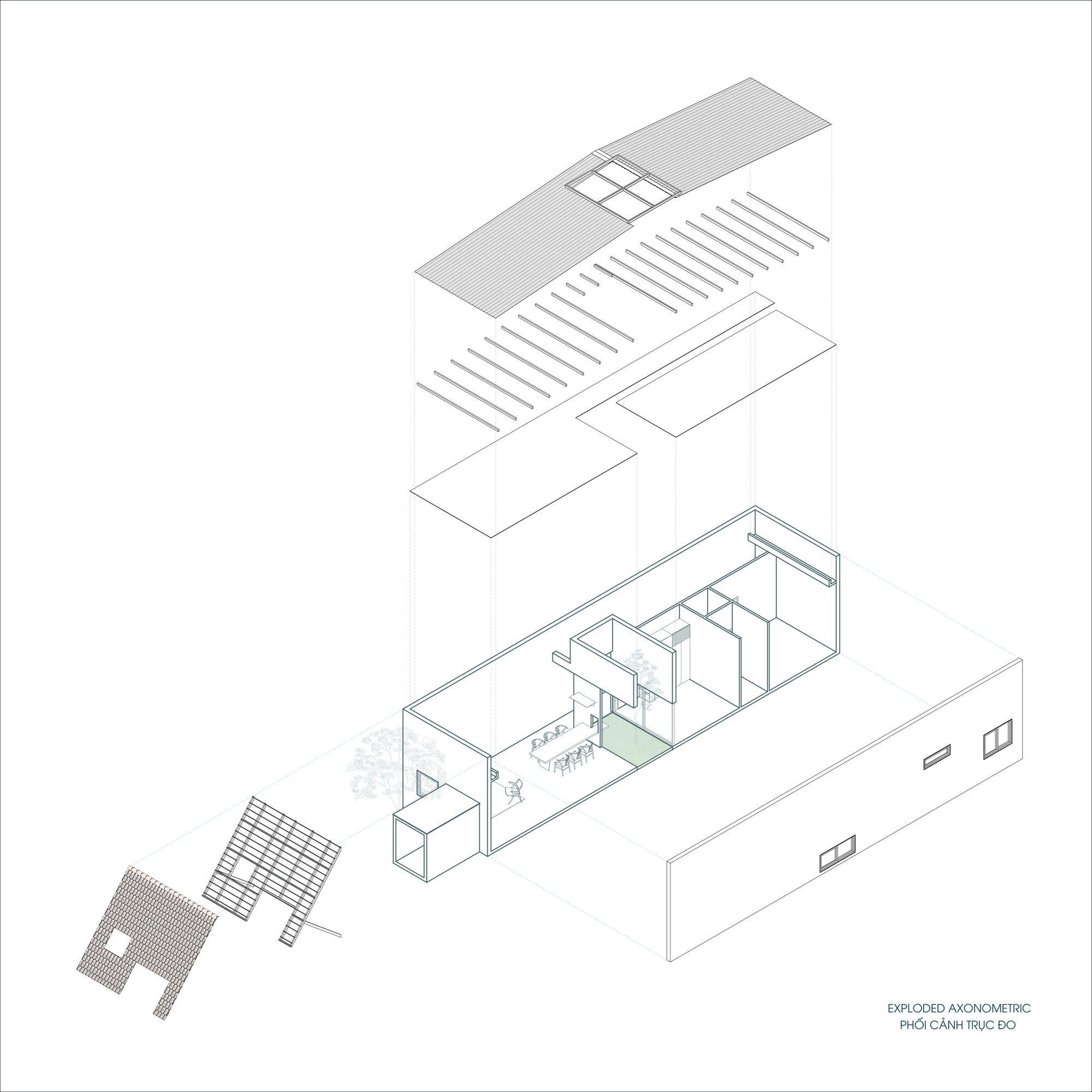 Exploded axonometric drawing separating roof layers, structural frame, walls and textured facade elements