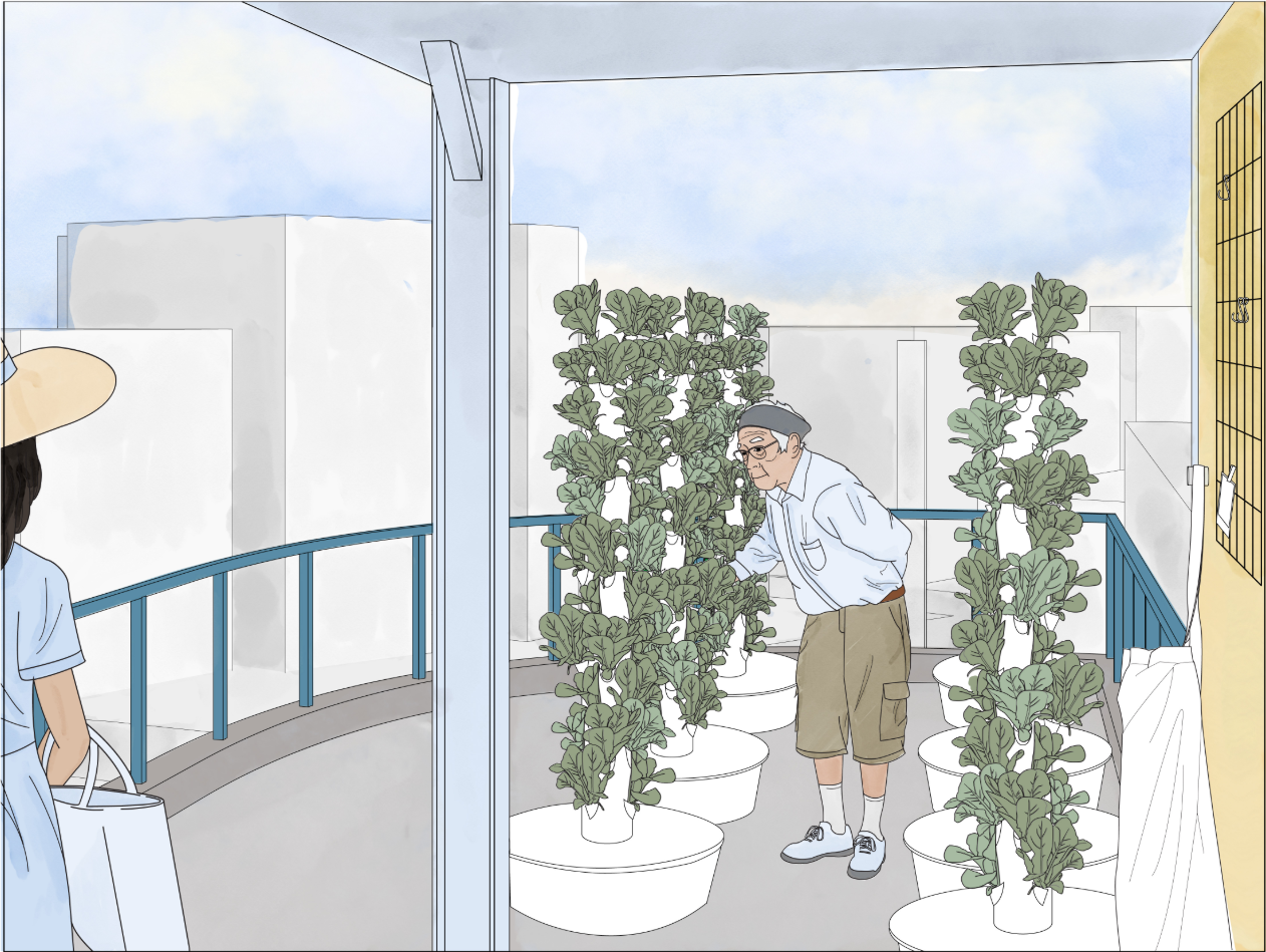 Hydroponic towers transform the rooftop into a productive garden maintained by local volunteers.
