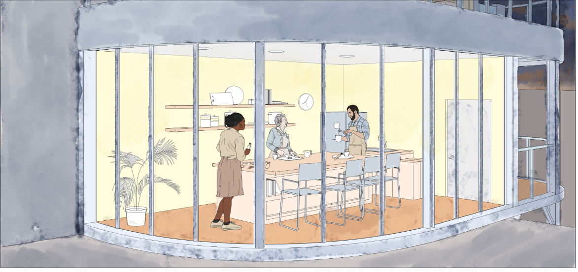 A transparent communal kitchen creates a welcoming space for cooking, dining, and neighborhood interaction.