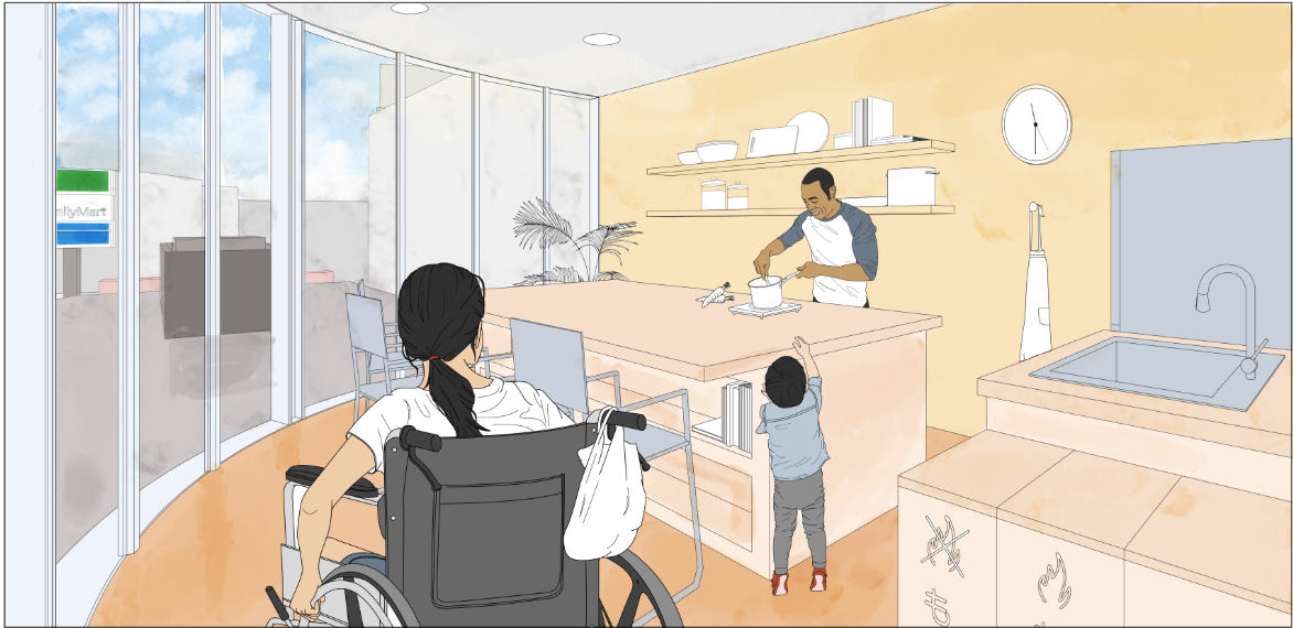 An accessible kitchen supports inclusive meal preparation for families and users of different abilities.