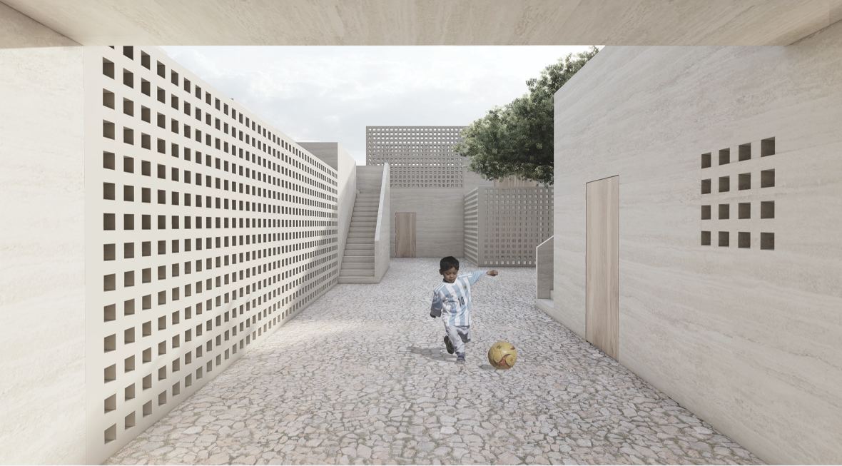 A child plays between perforated walls designed for privacy, shade, and natural ventilation.