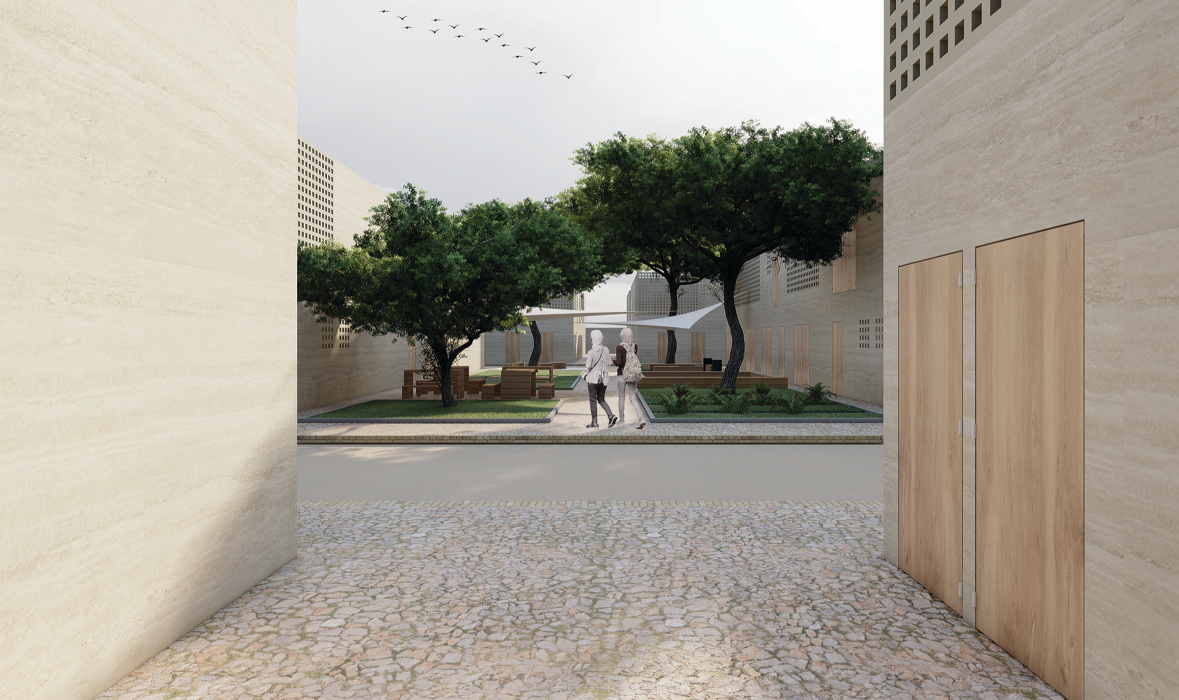Shared courtyards create calm gathering spaces between homes and community life.
