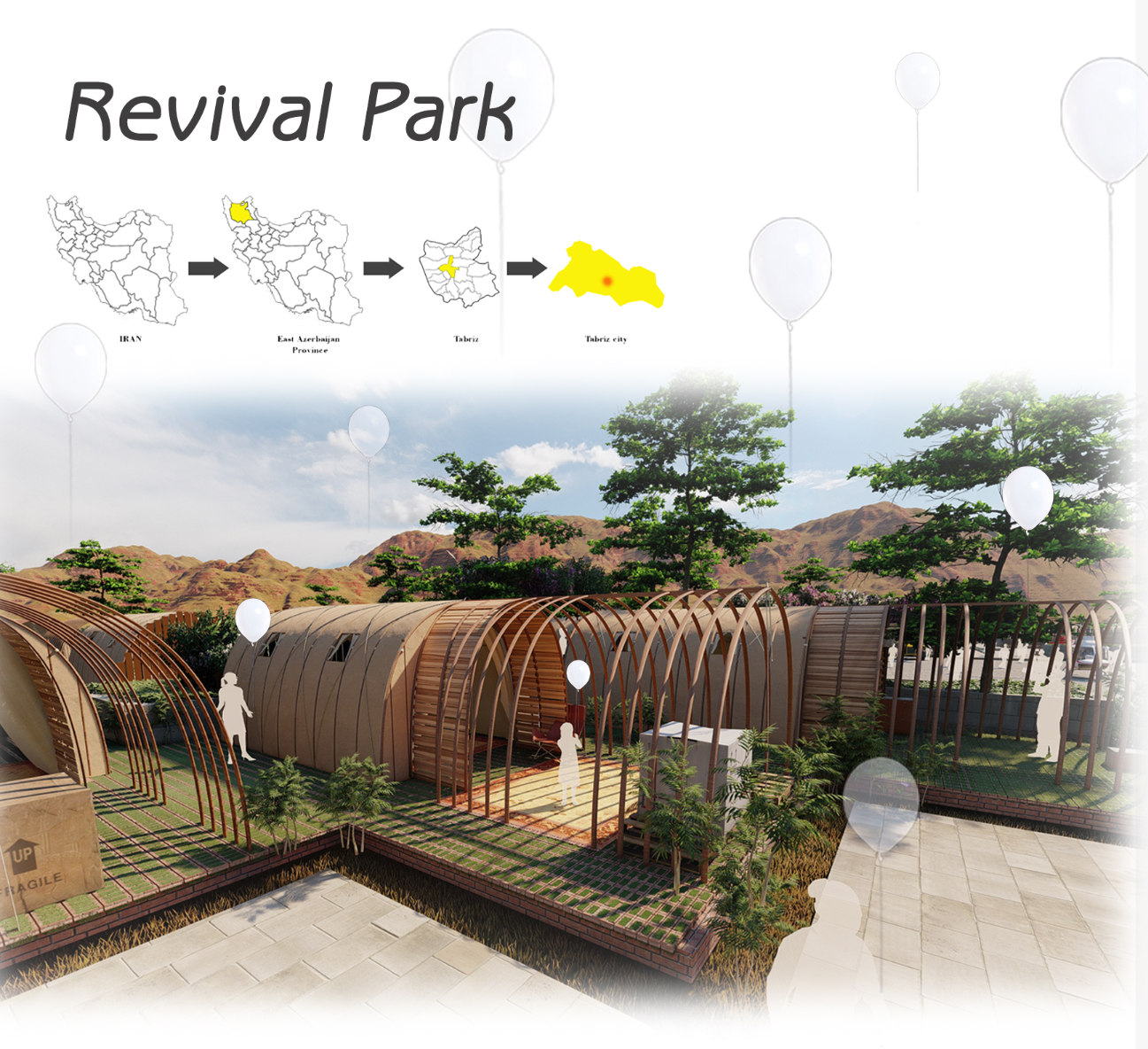 Revival Park’s arched wooden shelters combine local materials with a flexible layout for temporary housing.