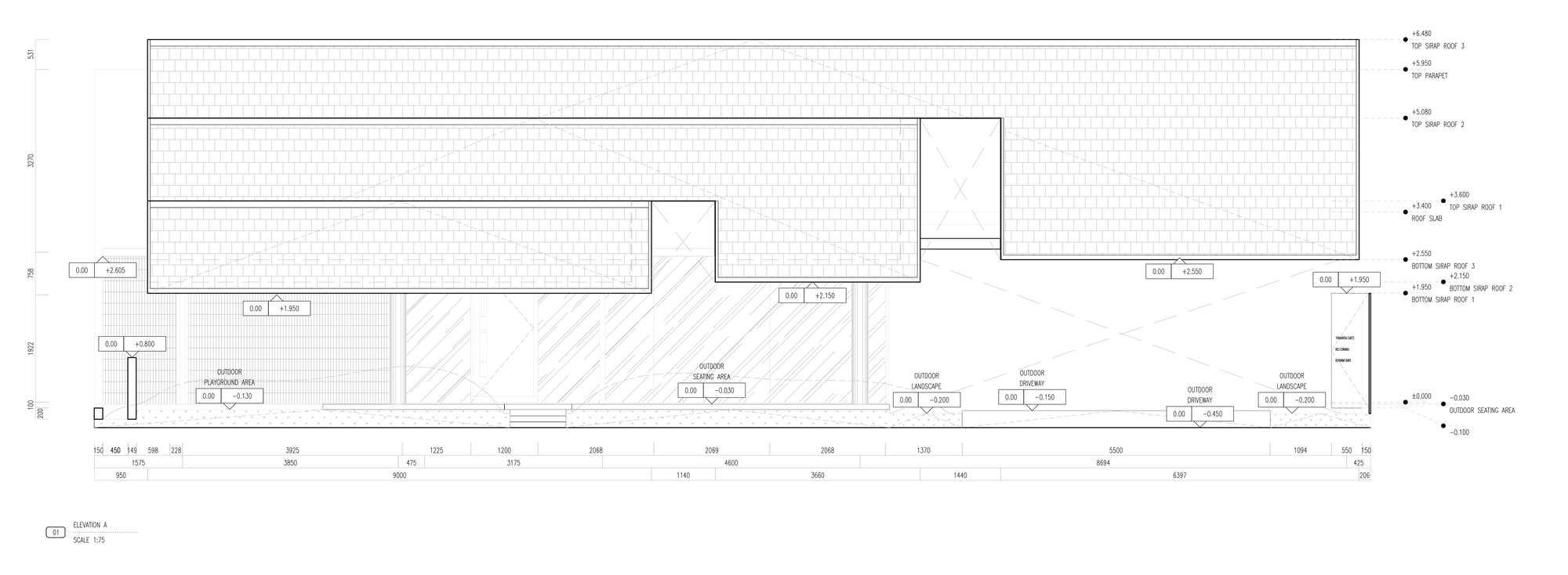 Section drawing illustrating the flat roof planes and interior ceiling heights across multiple volumes