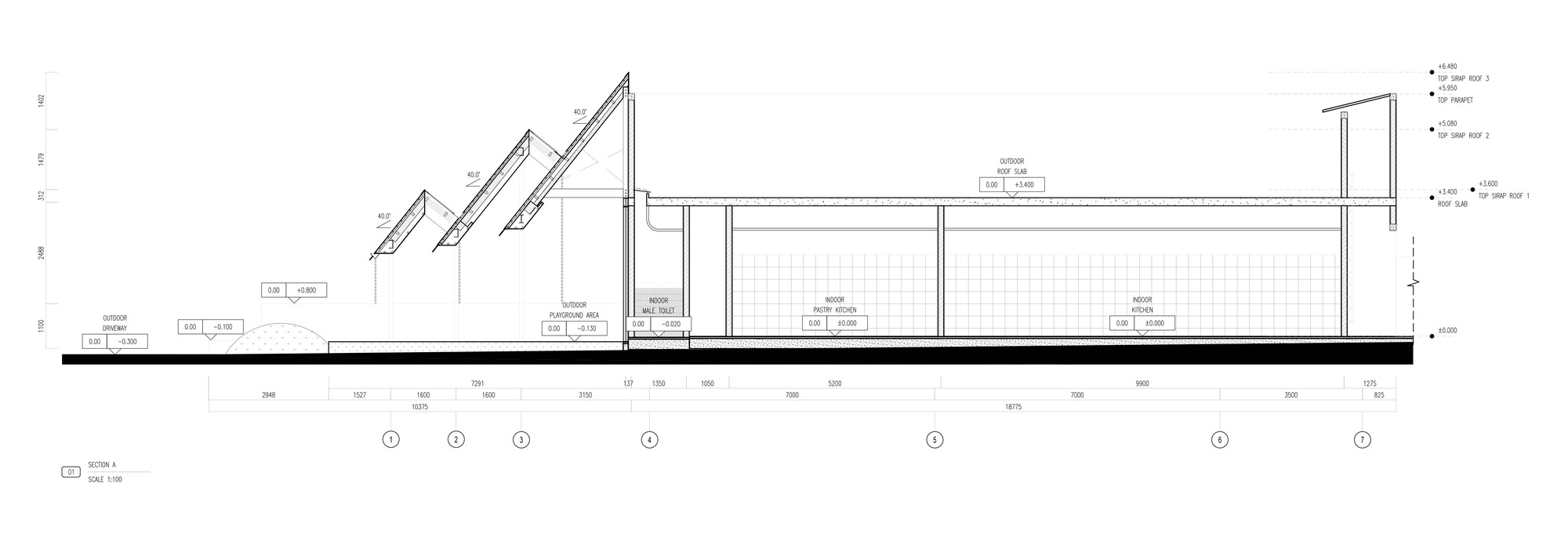 Section drawing depicting angled clerestory openings and linear roof forms above service and dining areas