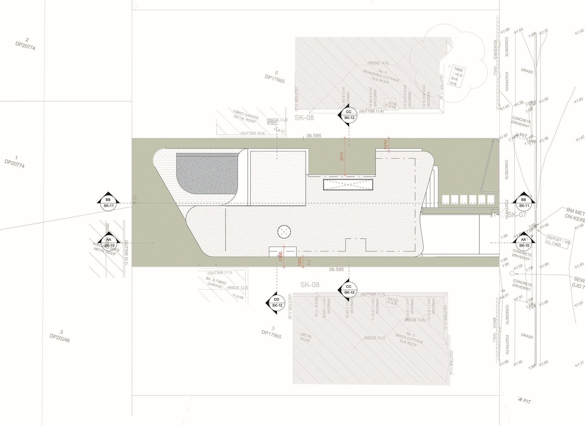 Site plan drawing showing a rectilinear building footprint with pool and courtyard areas on a narrow urban lot