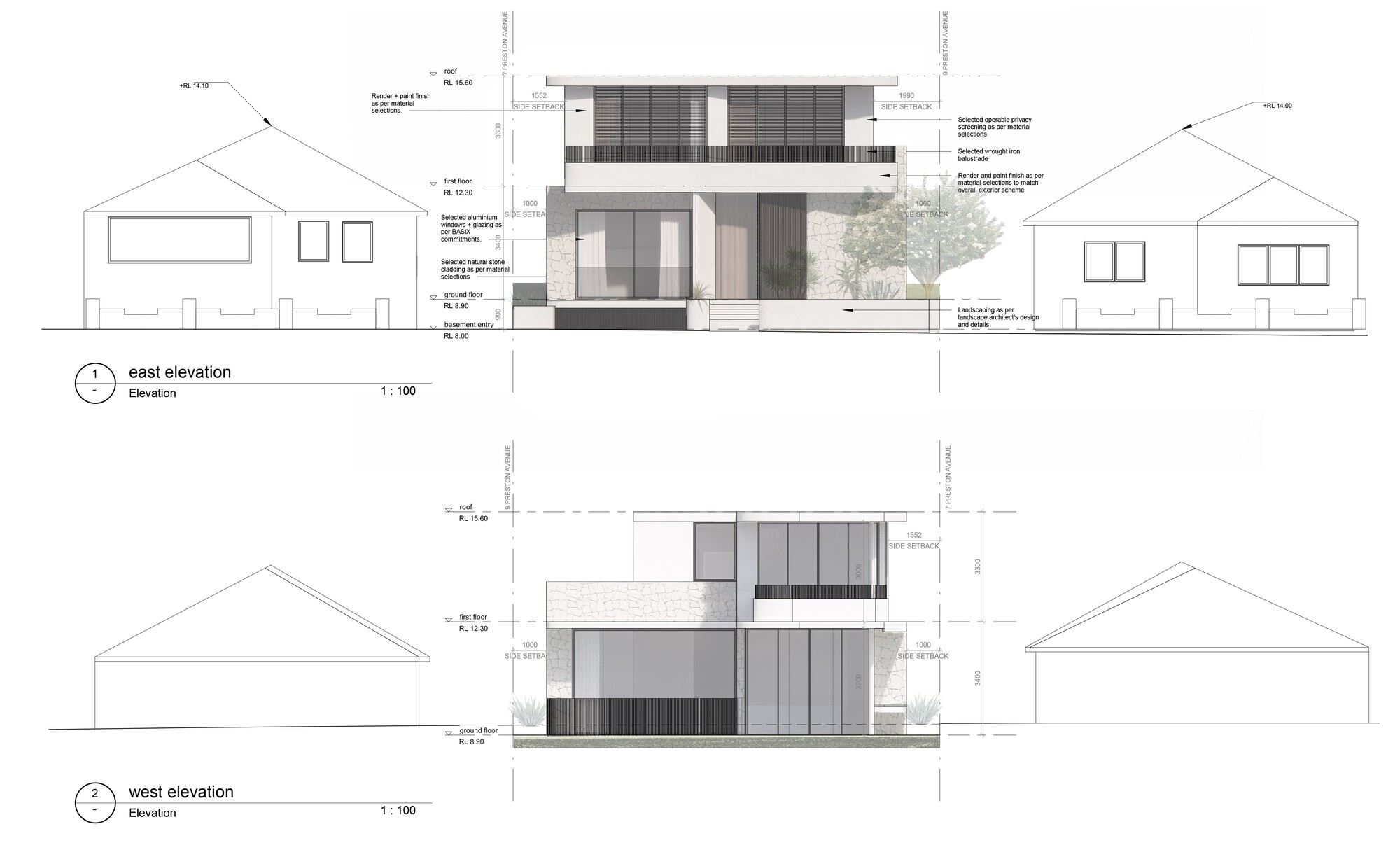 East and west elevation drawings showing the two-storey facade composition flanked by neighboring pitched-roof houses