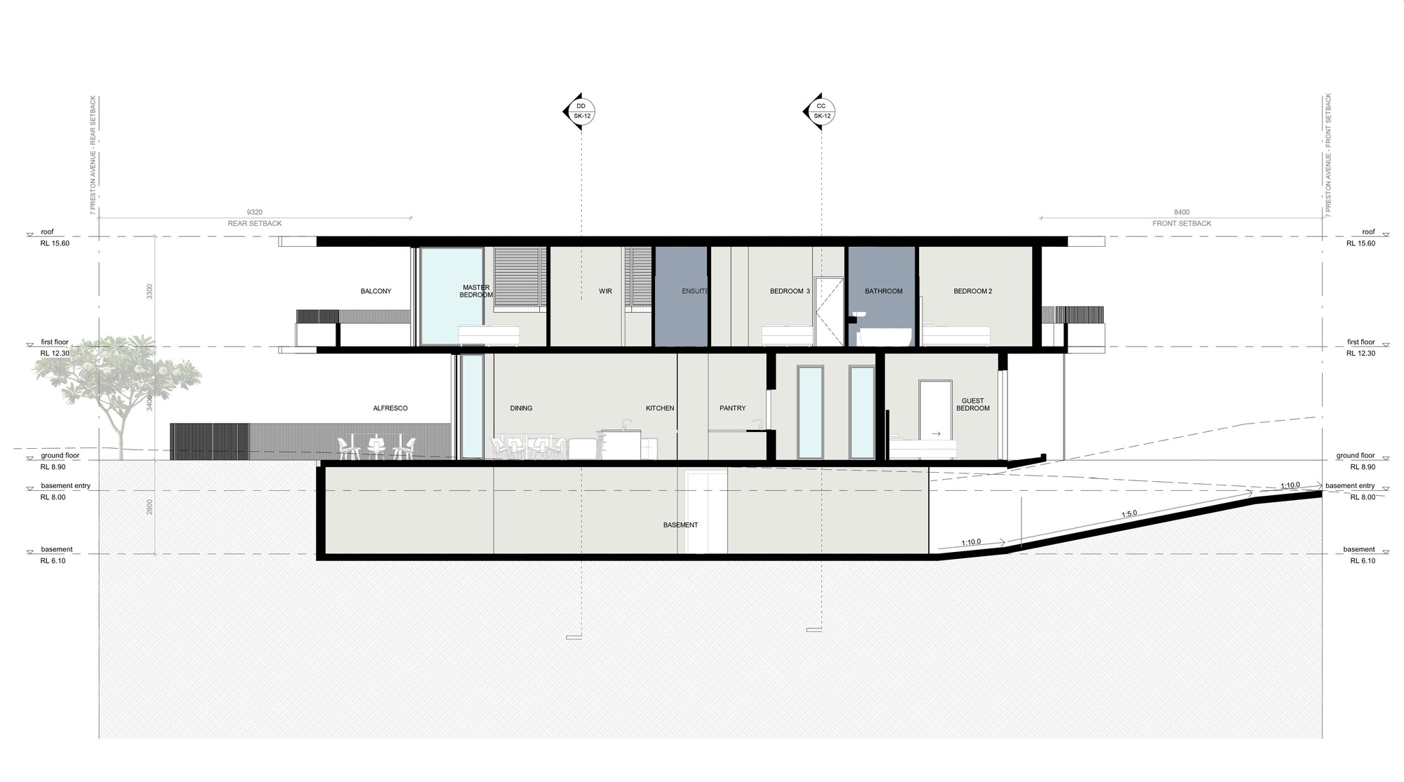 Section drawing showing the sloping site with a tree and stepped interior levels from street to rear