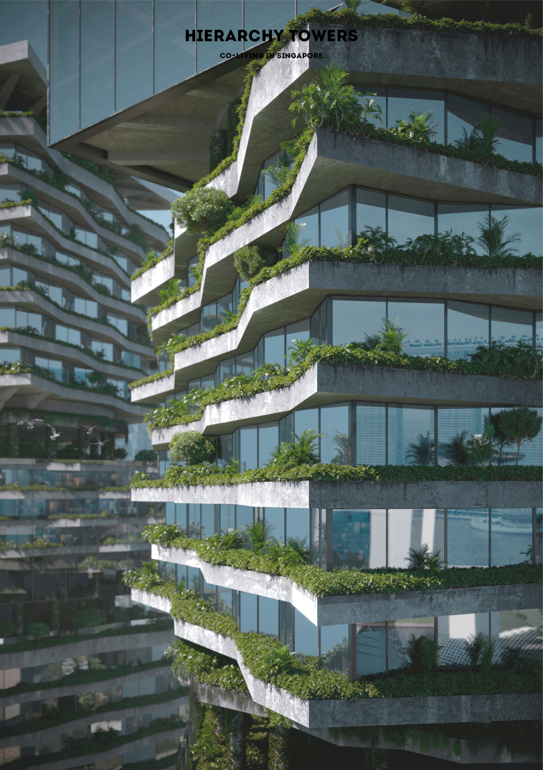 Green terraces wrap the residential floors, blending co-living spaces with layered vertical landscaping.