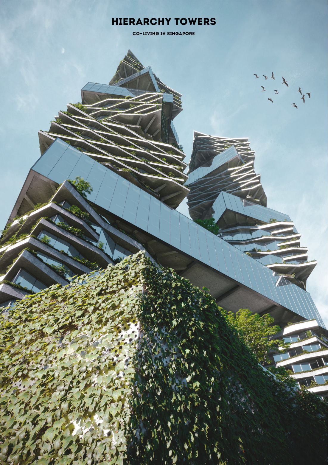 A dramatic low-angle view highlights the towers’ stacked volumes, skybridges, and planted façades.