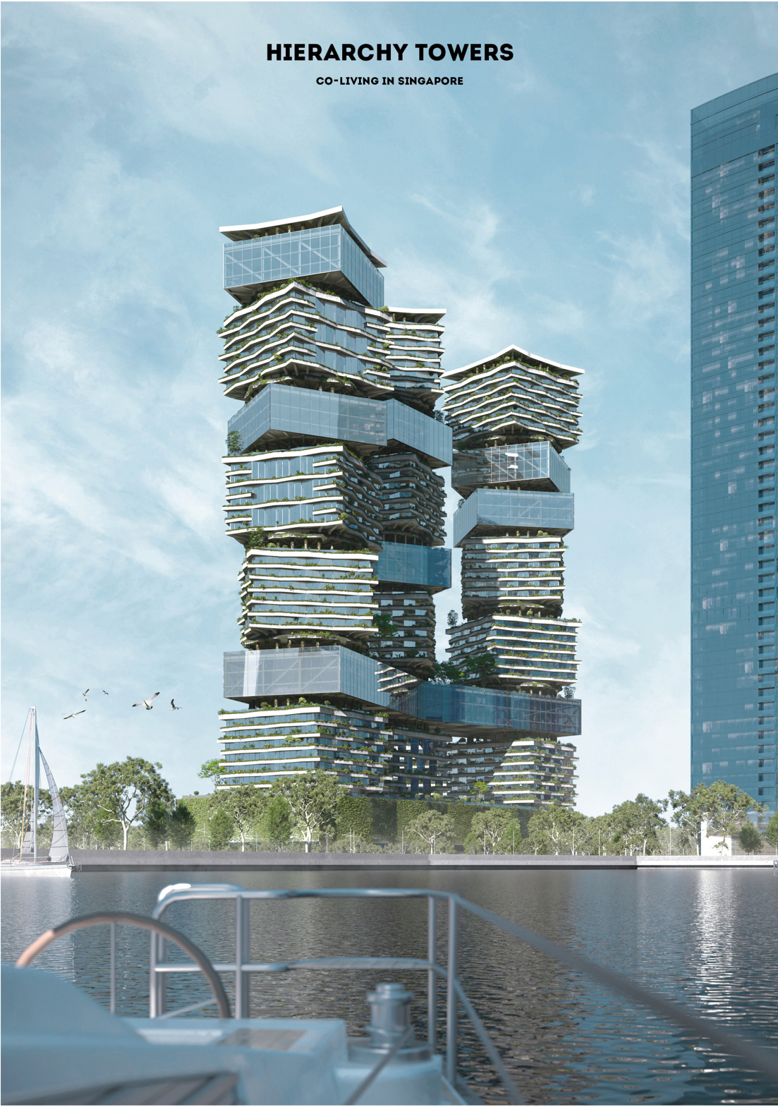 Hierarchy Towers rises beside Singapore’s waterfront as an interconnected vertical community.