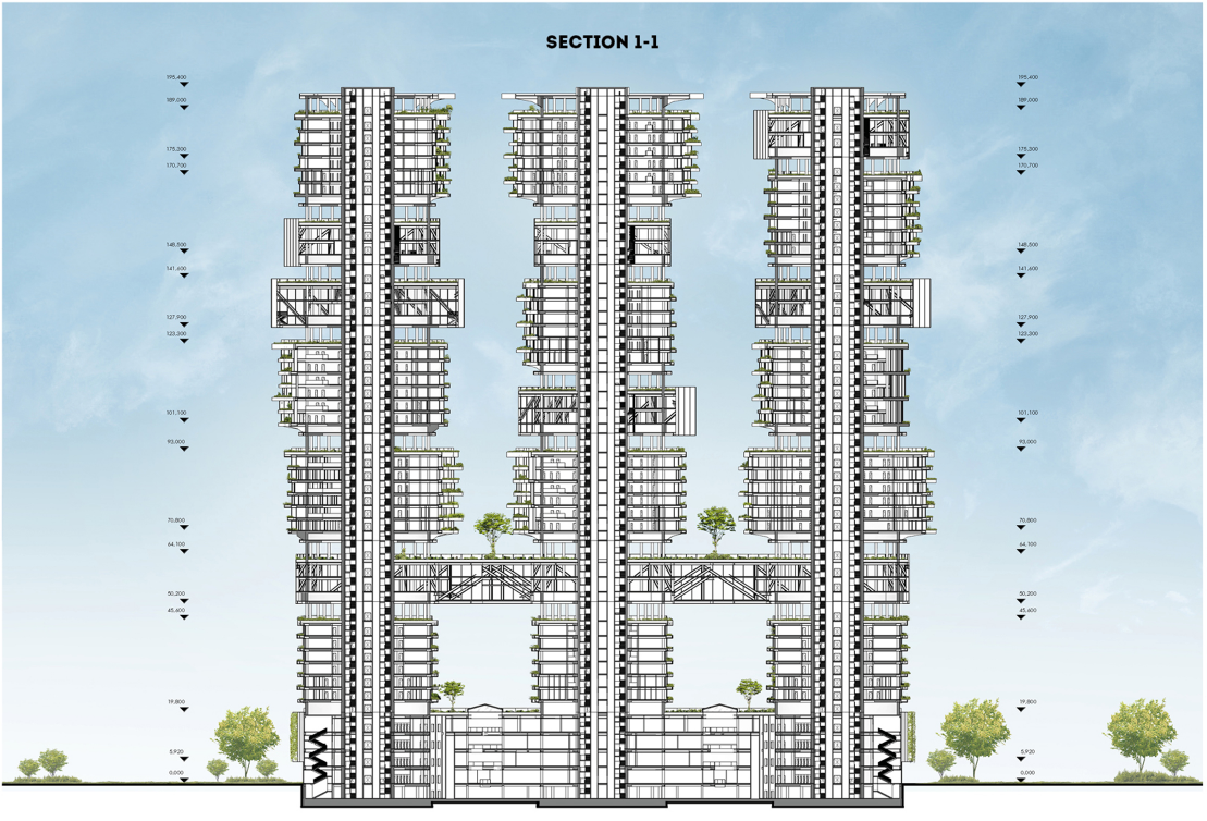 The sectional drawing reveals three towers linked by shared public floors and structural bridges.
