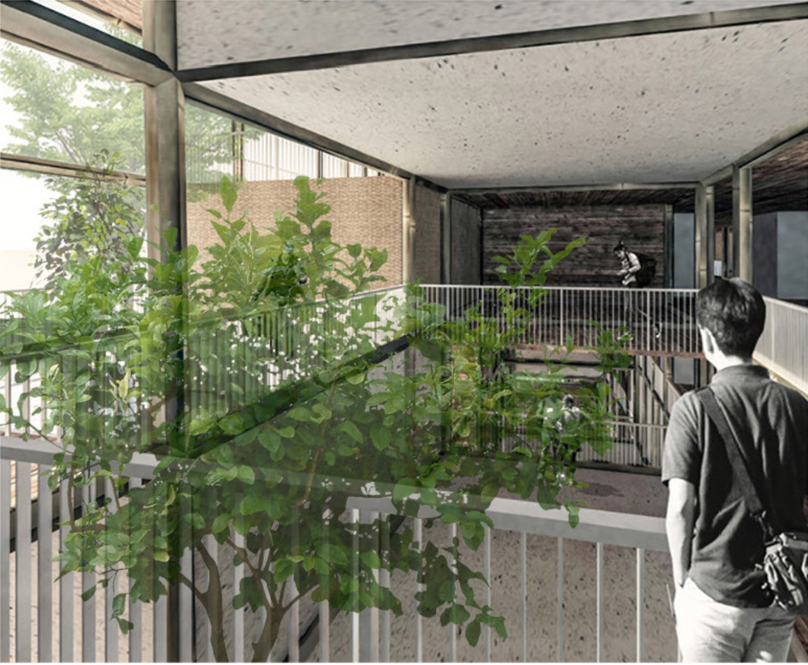 Layered walkways and planted voids connect residents through a porous, naturally lit vertical neighborhood.