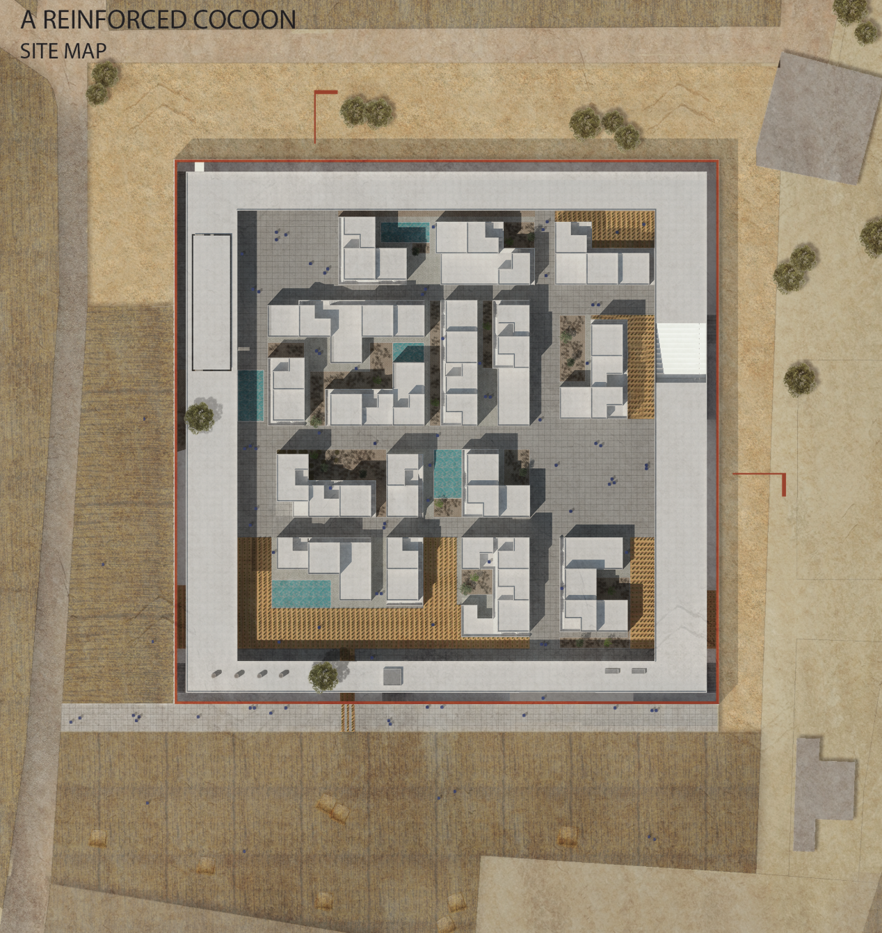 Site plan showing the protected perimeter and clustered residential community within the cocoon.