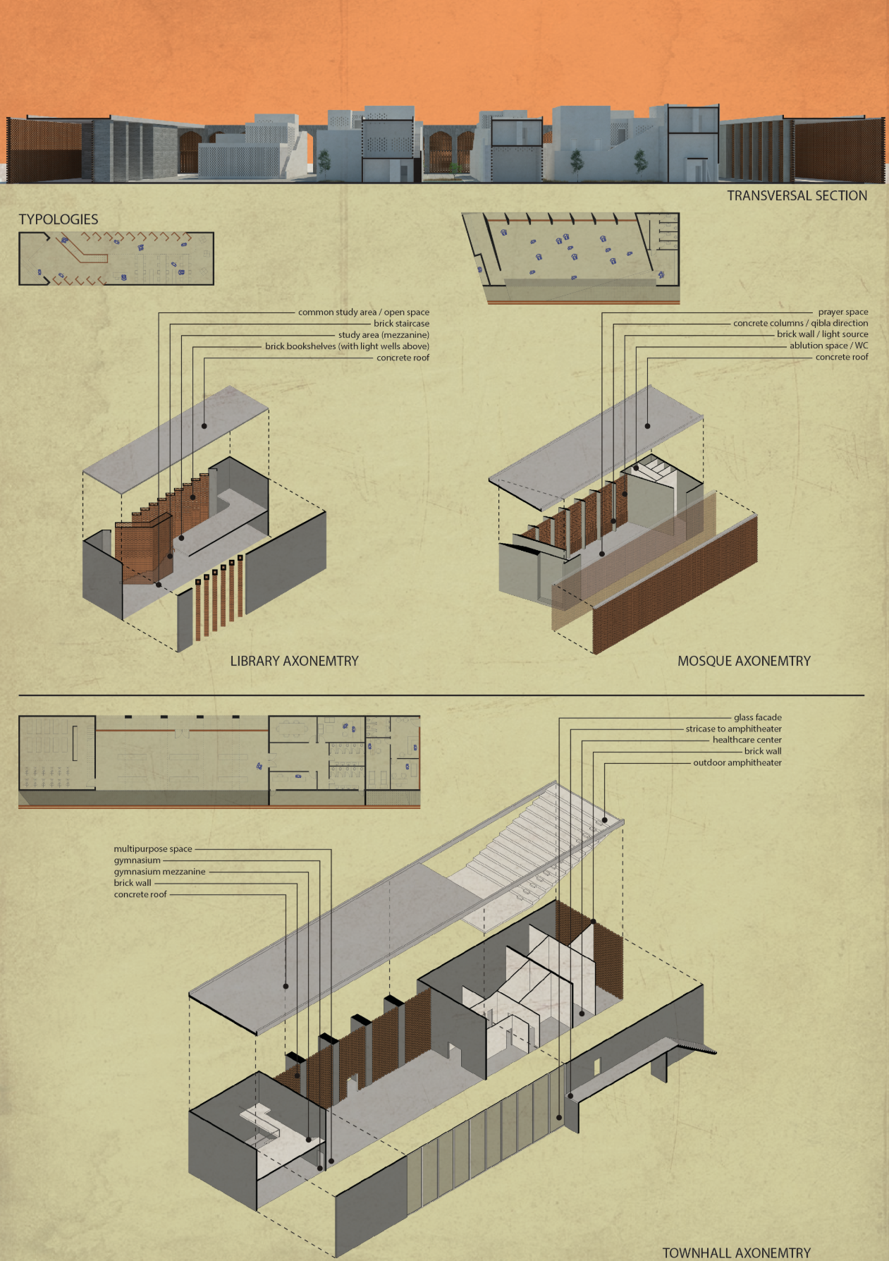 Axonometric studies of the library, mosque and town hall reveal the project’s layered communal programs.