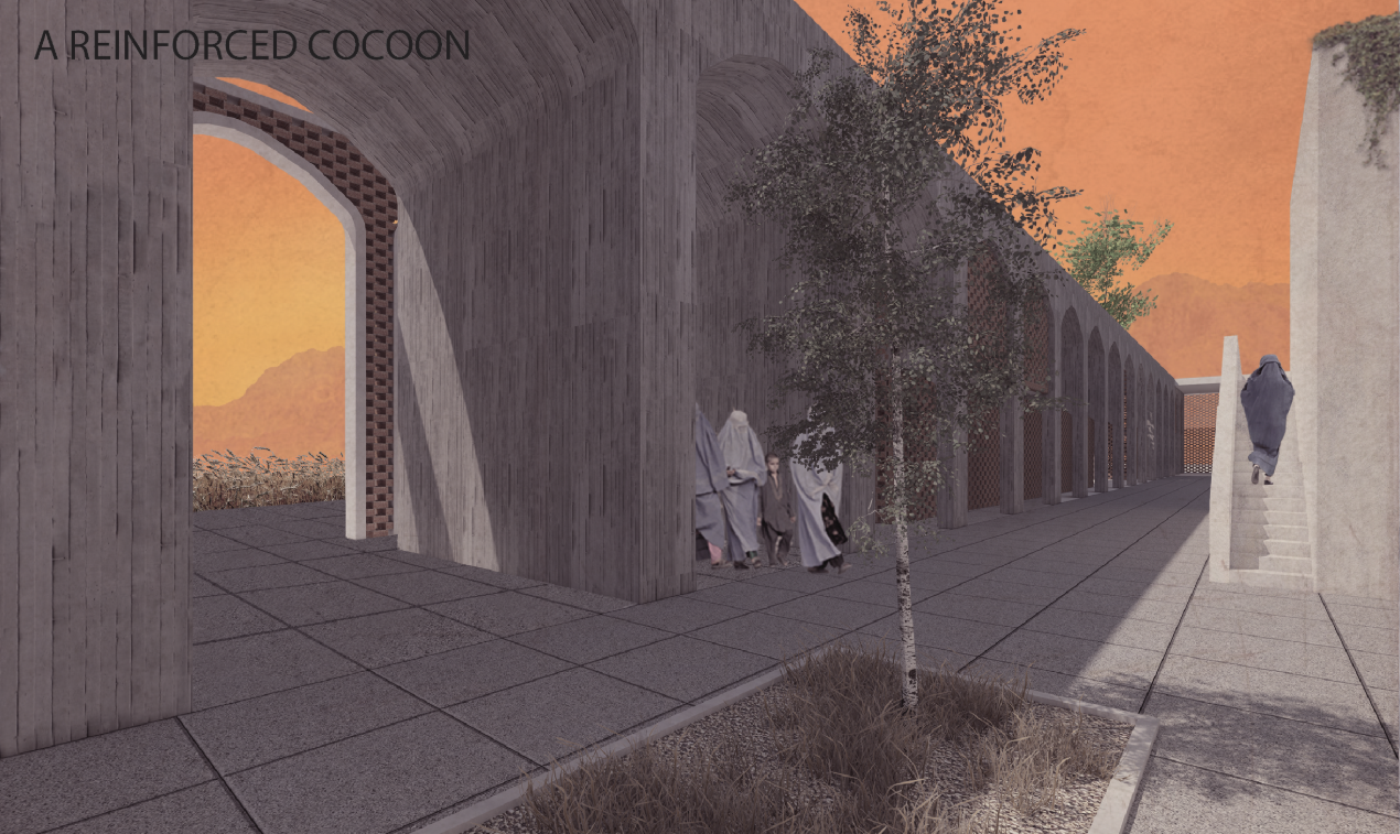 Arched circulation and screened brickwork create shaded, secure passages along the protective outer belt.
