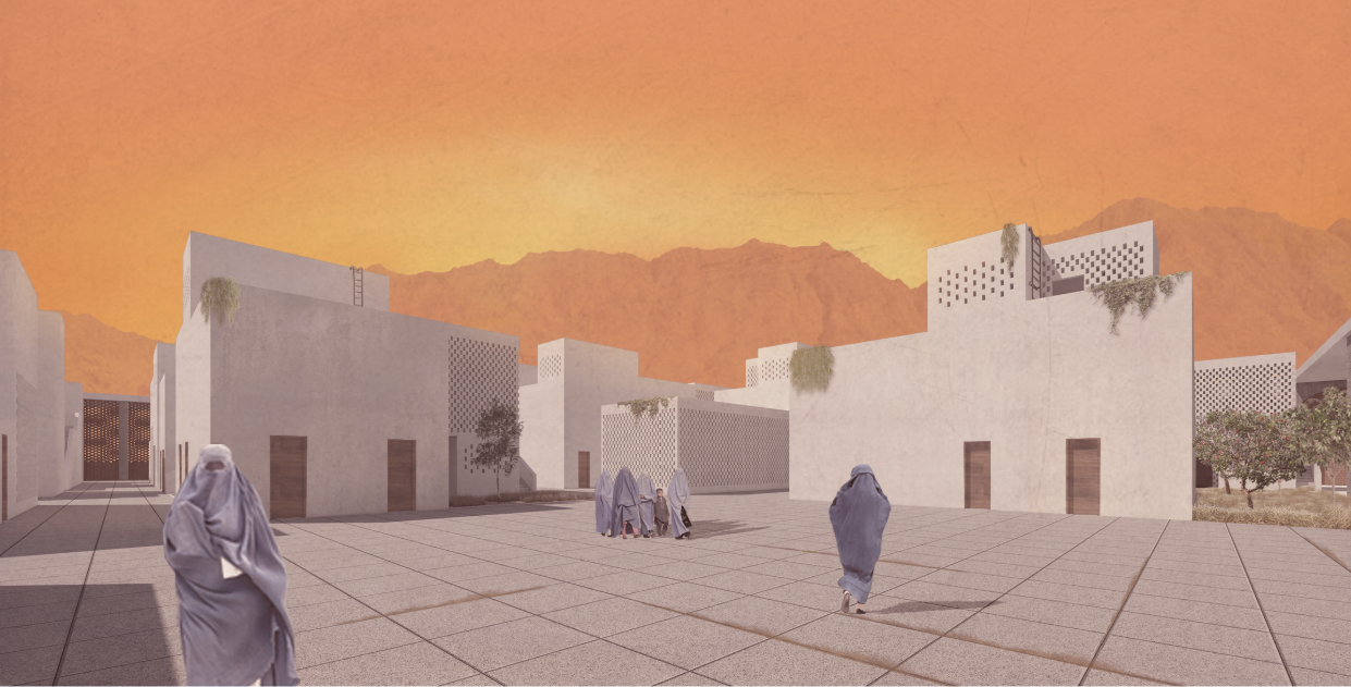 White residential clusters form an inward-looking community of courtyards, paths and shared open spaces.
