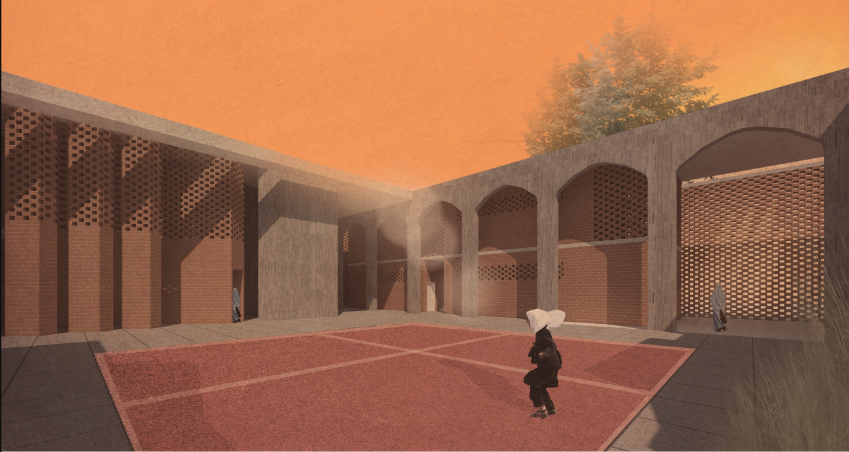 A central courtyard framed by arches and brick screens provides a protected setting for gathering and reflection.