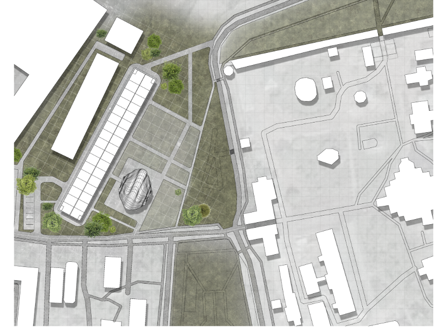 Site plan showing the renovated factory, public routes, surrounding urban fabric, and the museum’s sculptural intervention.