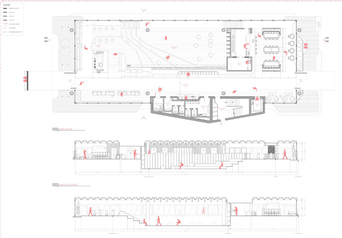Ground floor plan and interior elevations showing the school’s public areas, circulation spine, and shared learning spaces.