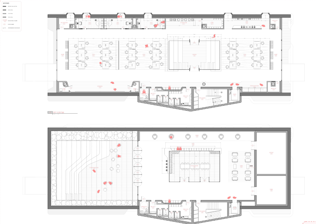 First floor and terrace plans highlighting studio layouts, outdoor gathering zones, and flexible academic spaces.