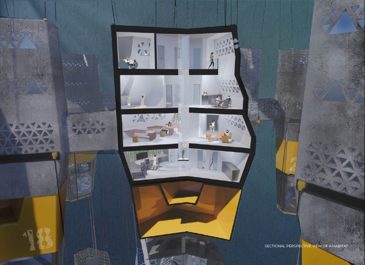 Sectional perspective showing four stacked residential floors and a yellow base level with inhabitants throughout