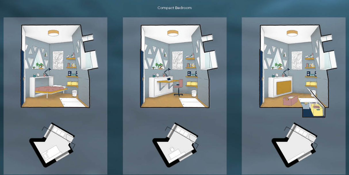 Three axonometric views of a compact bedroom with transforming furniture configurations and floor plans below