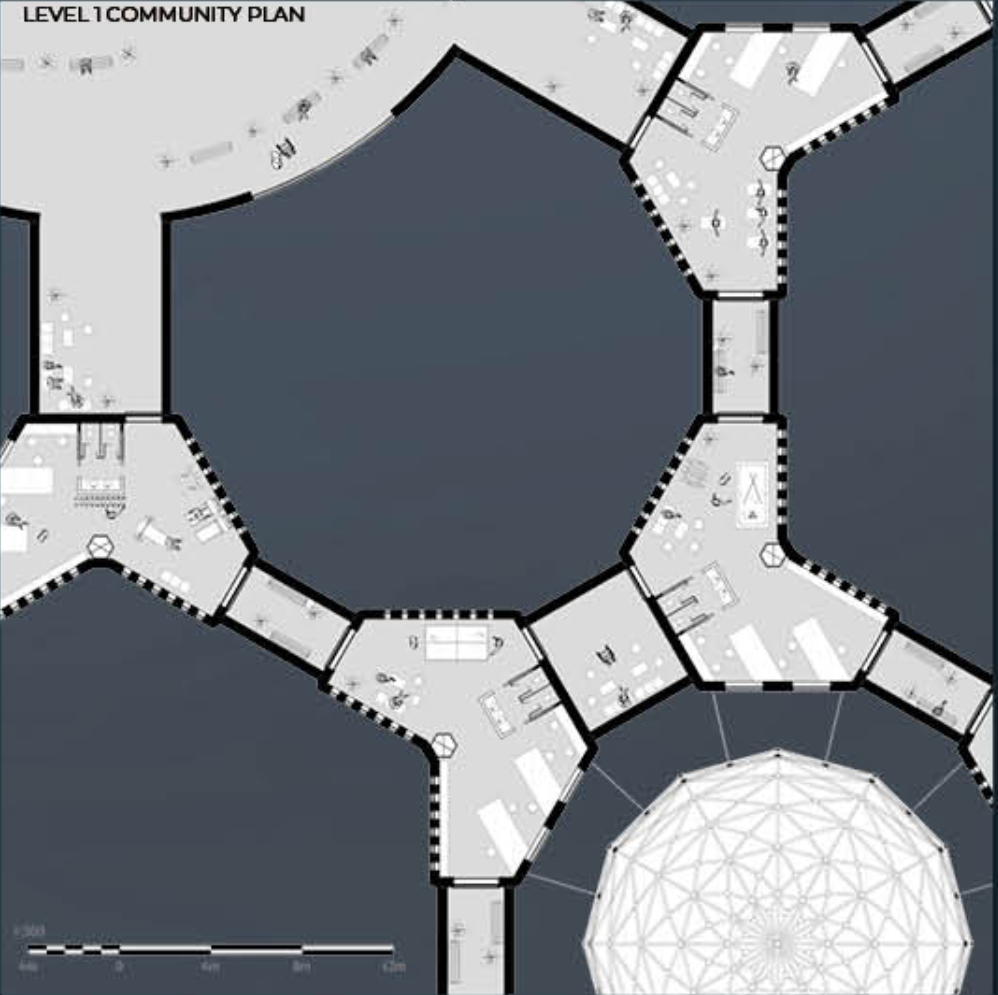 Floor plan showing a central octagonal courtyard surrounded by eight radiating residential pods and community spaces