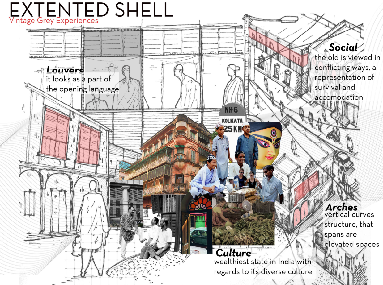 Mixed media collage drawing combining sketch elevations with photographs of historical buildings and people