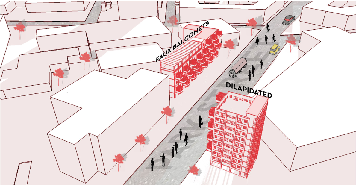 Axonometric drawing showing red highlighted buildings and balconies along a street with pedestrians