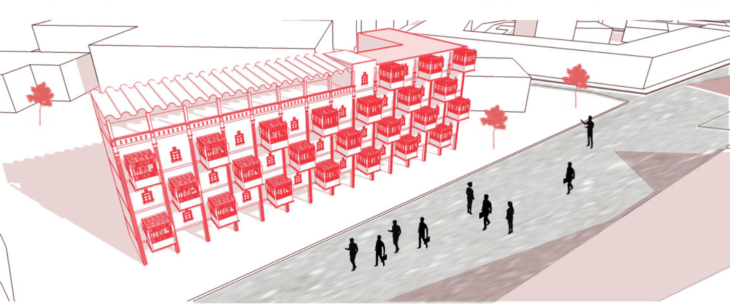 Isometric view illustrating red wireframe structures adjacent to existing buildings with people walking below
